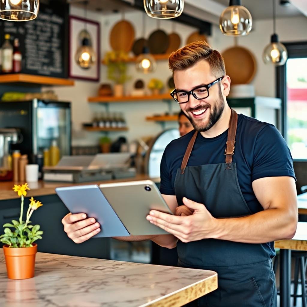 Restaurateur souris devant tablette